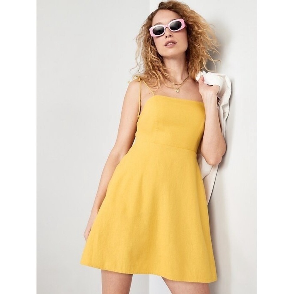 Old Navy Womens Linen Blend Tie Strap Mini Dress XXL Yellow Sweet Pollen Pockets